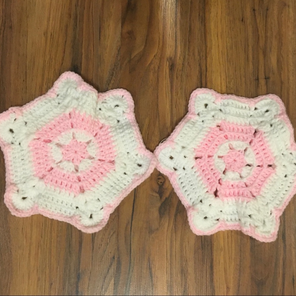Crochet Warming Pad Trivet Potholder Pink & White Star Set of 2 New Handmade